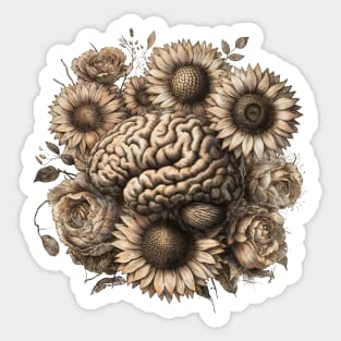 Brain sunflowers Bloom, leaves, vintage sunflowers, Positivity, creativity, right hemisphere brain, health, Mental Sticker